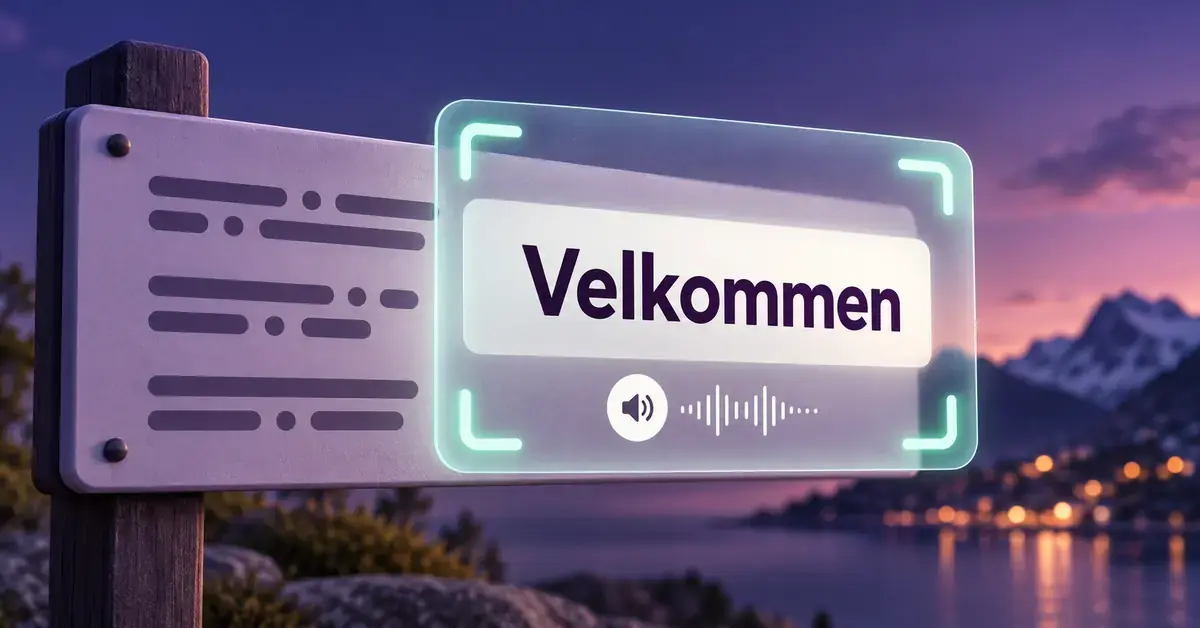 Illustrasjon av kameraoversettelse der et skilt vises med den norske teksten «Velkommen» i et digitalt felt med høyttalersymbol og lydbølger.