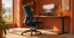 Illustrasjon av et hjemmekontor i varme terrakottatoner med ergonomisk stol, hev- og senkbart skrivebord, skjerm og dagslys fra et stort vindu.