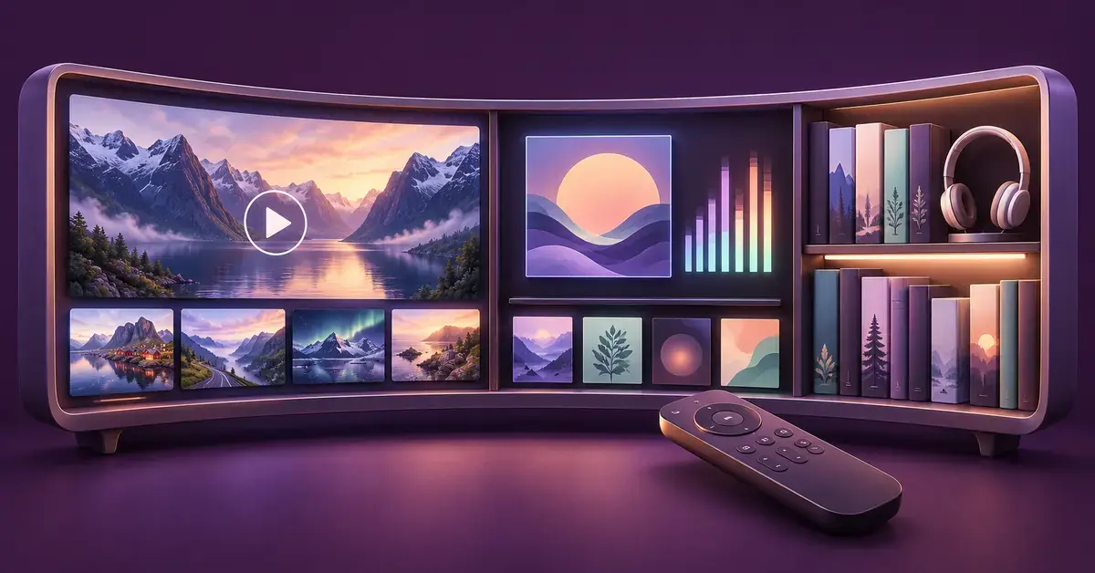 Illustrasjon av et digitalt innholdsbibliotek med film fra norske fjorder, musikk, lydbøker og hodetelefoner, med en fjernkontroll i forgrunnen.